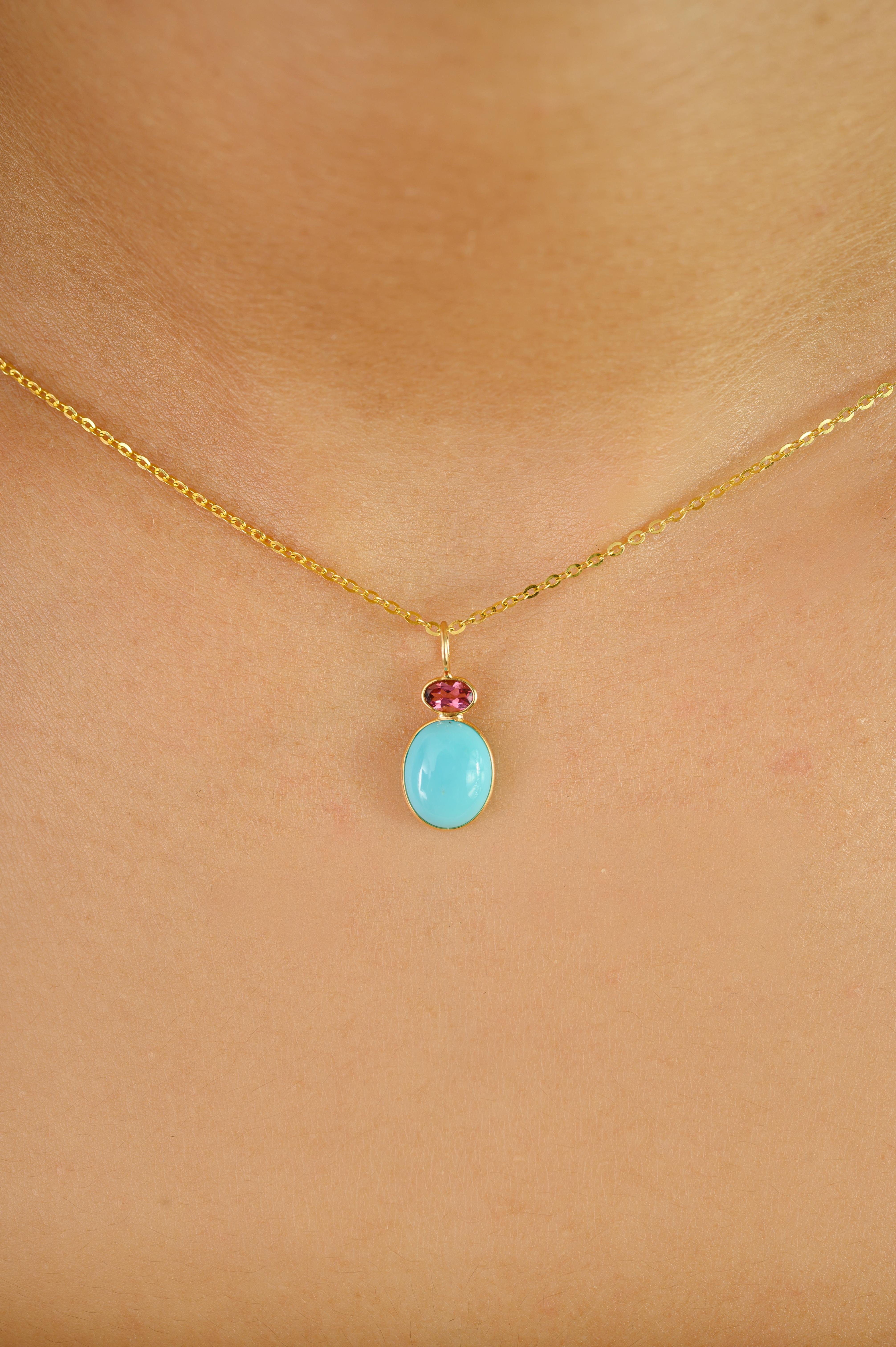 Natural Pink Tourmaline & Turquoise Double Stone Pendant in 18K Yellow Gold en vente 2
