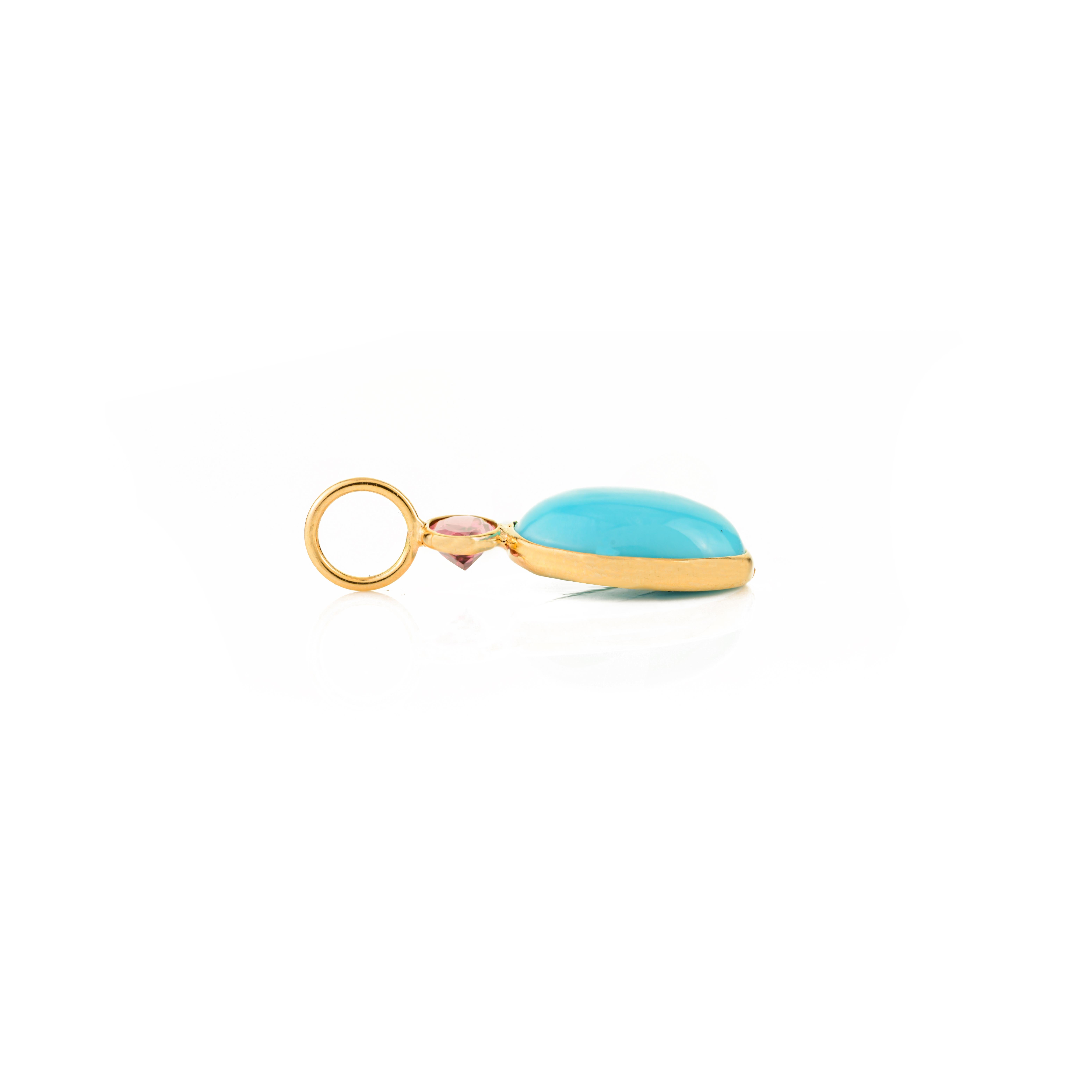 Natural Pink Tourmaline & Turquoise Double Stone Pendant in 18K Yellow Gold en vente 3