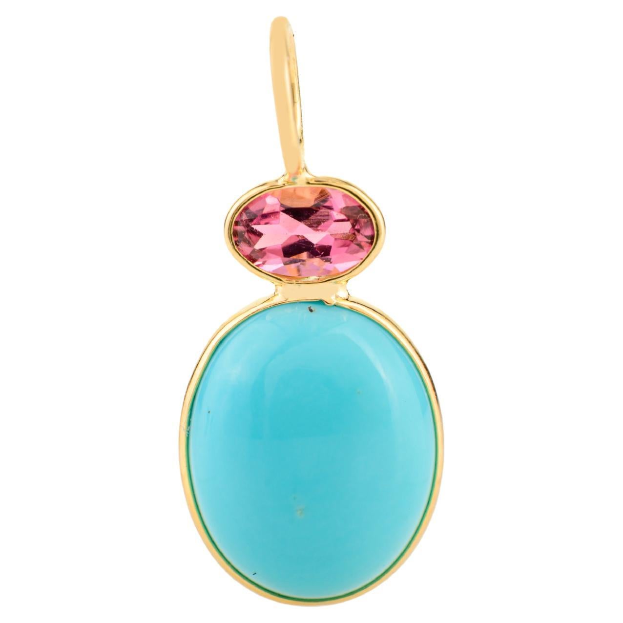 Natural Pink Tourmaline & Turquoise Double Stone Pendant in 18K Yellow Gold en vente