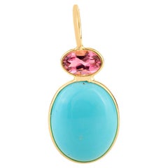 Natural Pink Tourmaline & Turquoise Double Stone Pendant in 18K Yellow Gold