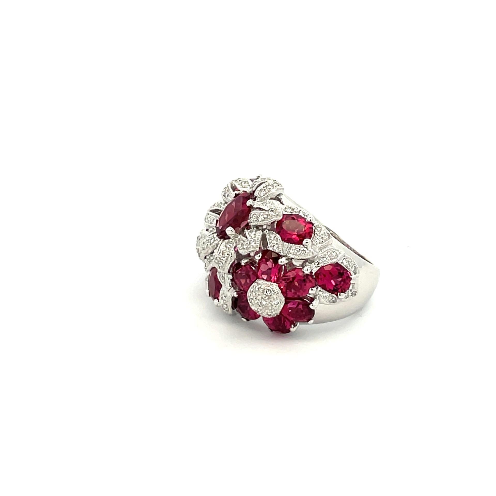 Contemporary Natural Pink Tourmaline & White Diamond Flower Cluster Ring in 18Kt White Gold For Sale