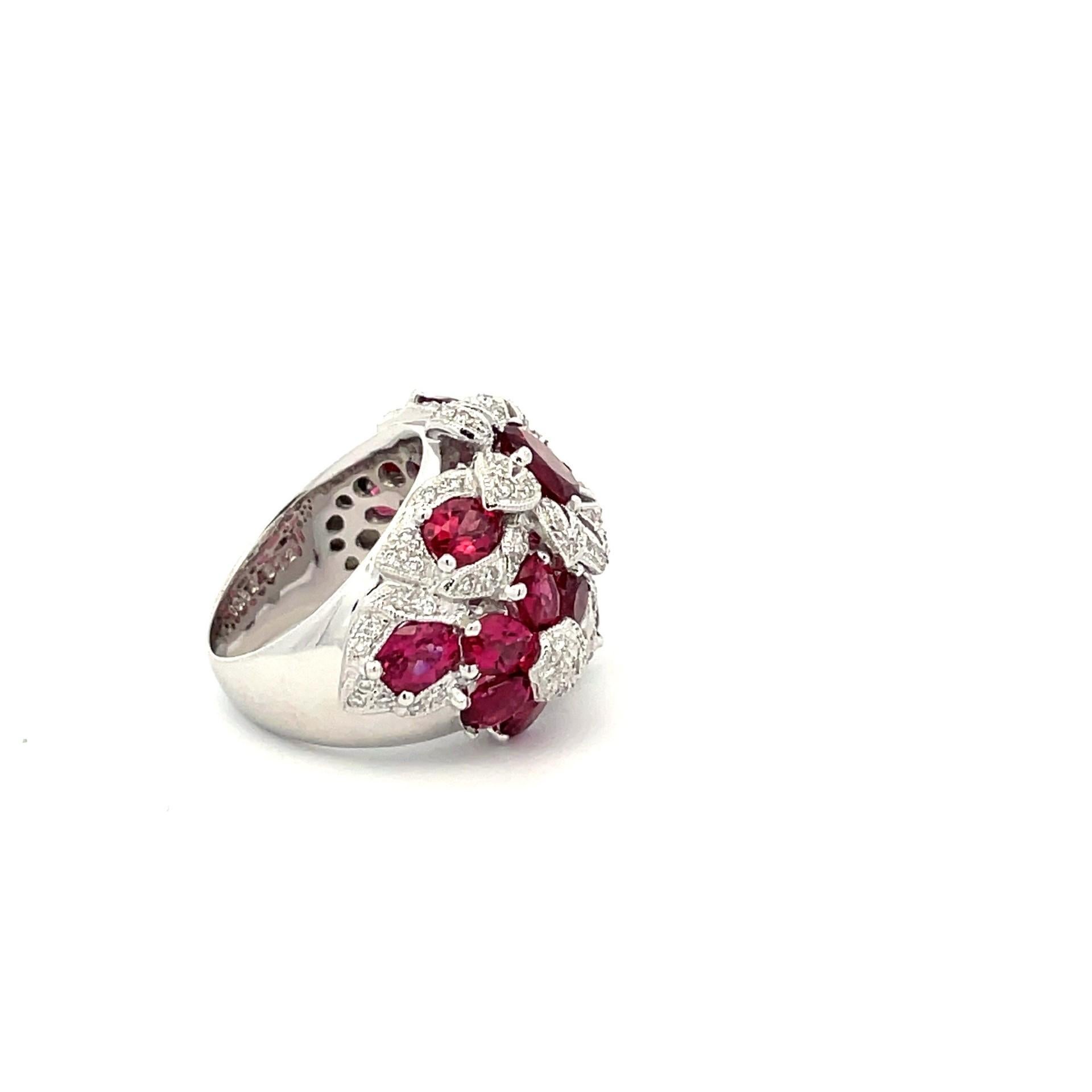 Round Cut Natural Pink Tourmaline & White Diamond Flower Cluster Ring in 18Kt White Gold For Sale