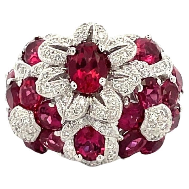 Natural Pink Tourmaline & White Diamond Flower Cluster Ring in 18Kt White Gold For Sale