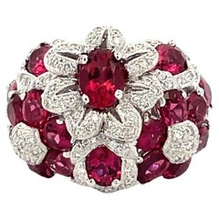 Natural Pink Tourmaline & White Diamond Flower Cluster Ring in 18Kt White Gold
