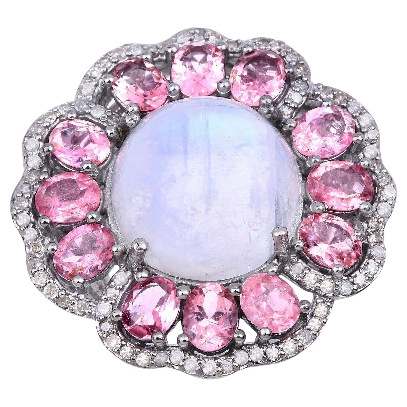 Natural Pink Tourmalines Rainbow Moonstone and Diamonds Floral Ring 14.9 Carats
