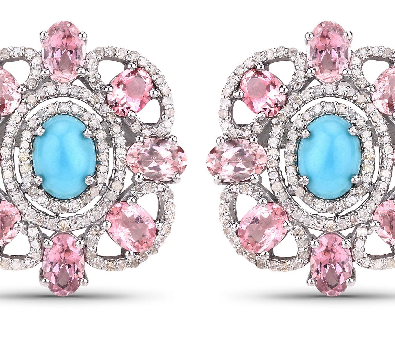 Mixed Cut Natural Pink Tourmalines Turquoise and Diamond Halo Earrings 9.1 Carats Total For Sale