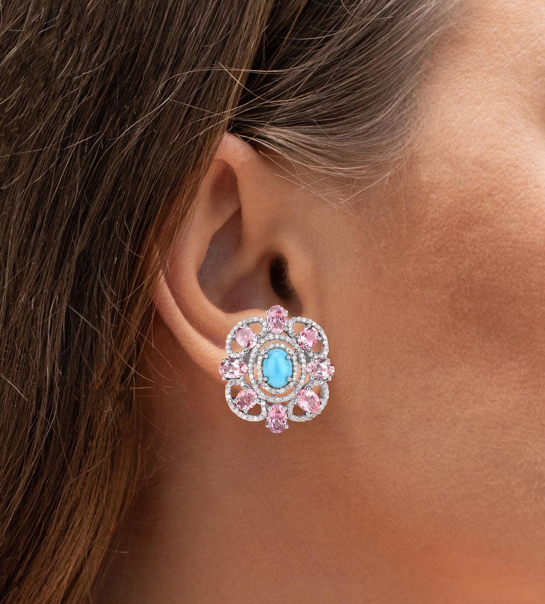 Natural Pink Tourmalines Turquoise and Diamond Halo Earrings 9.1 Carats Total In New Condition For Sale In Laguna Niguel, CA