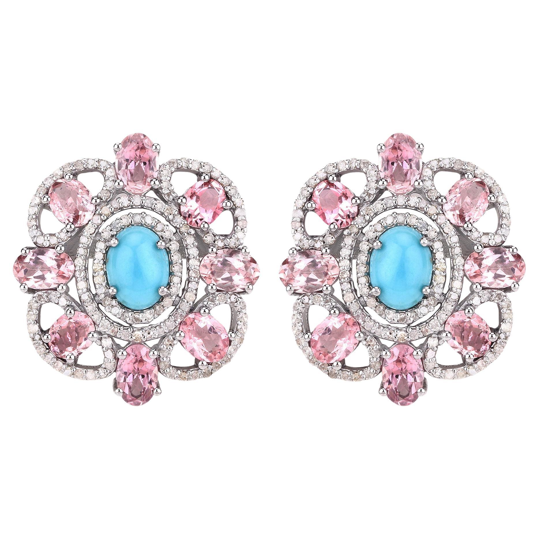 Natural Pink Tourmalines Turquoise and Diamond Halo Earrings 9.1 Carats Total