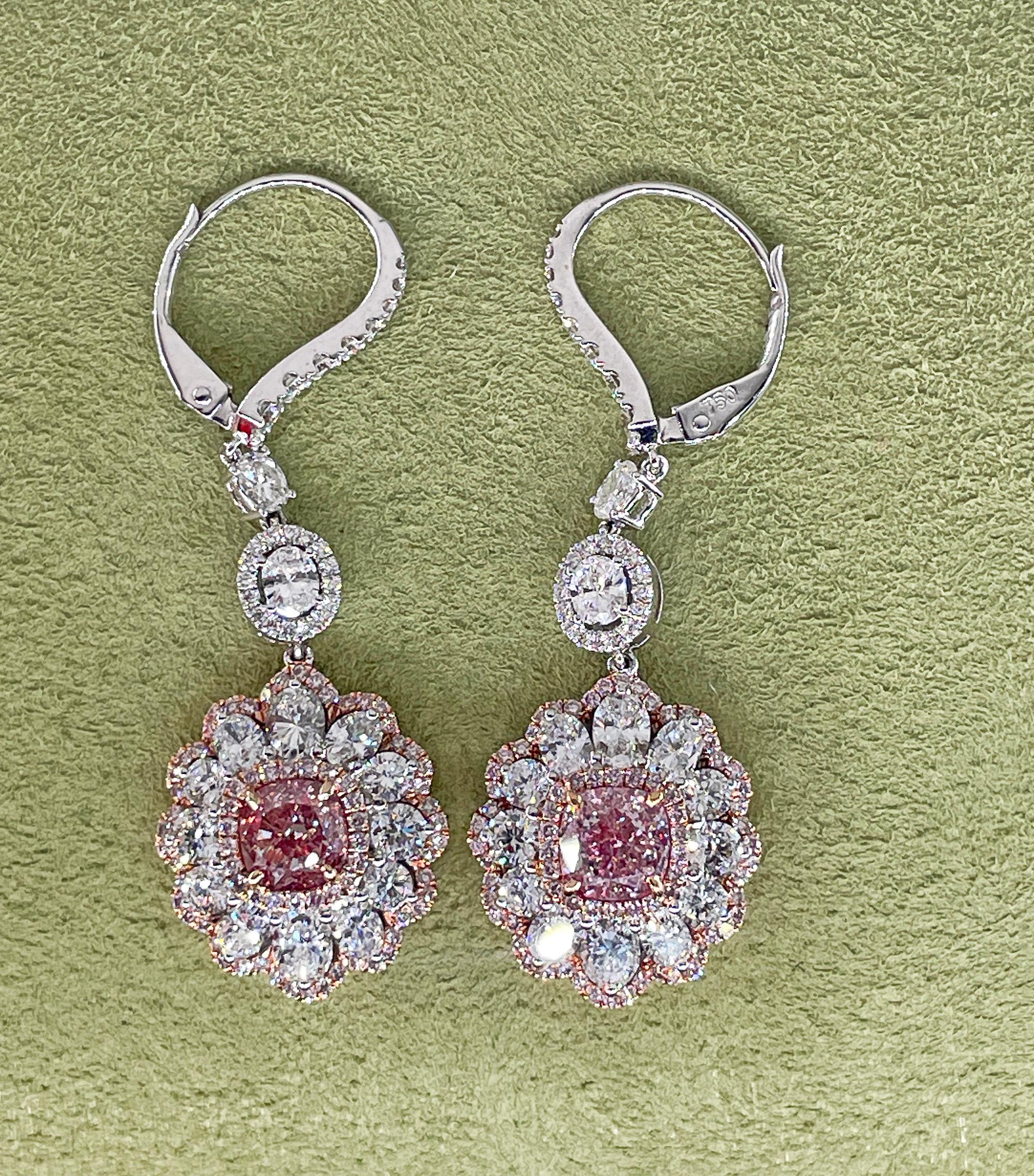 Natural PINK & White 5.15ct GIA Diamond Cluster Dangling Hanging 18K Earrings 7
