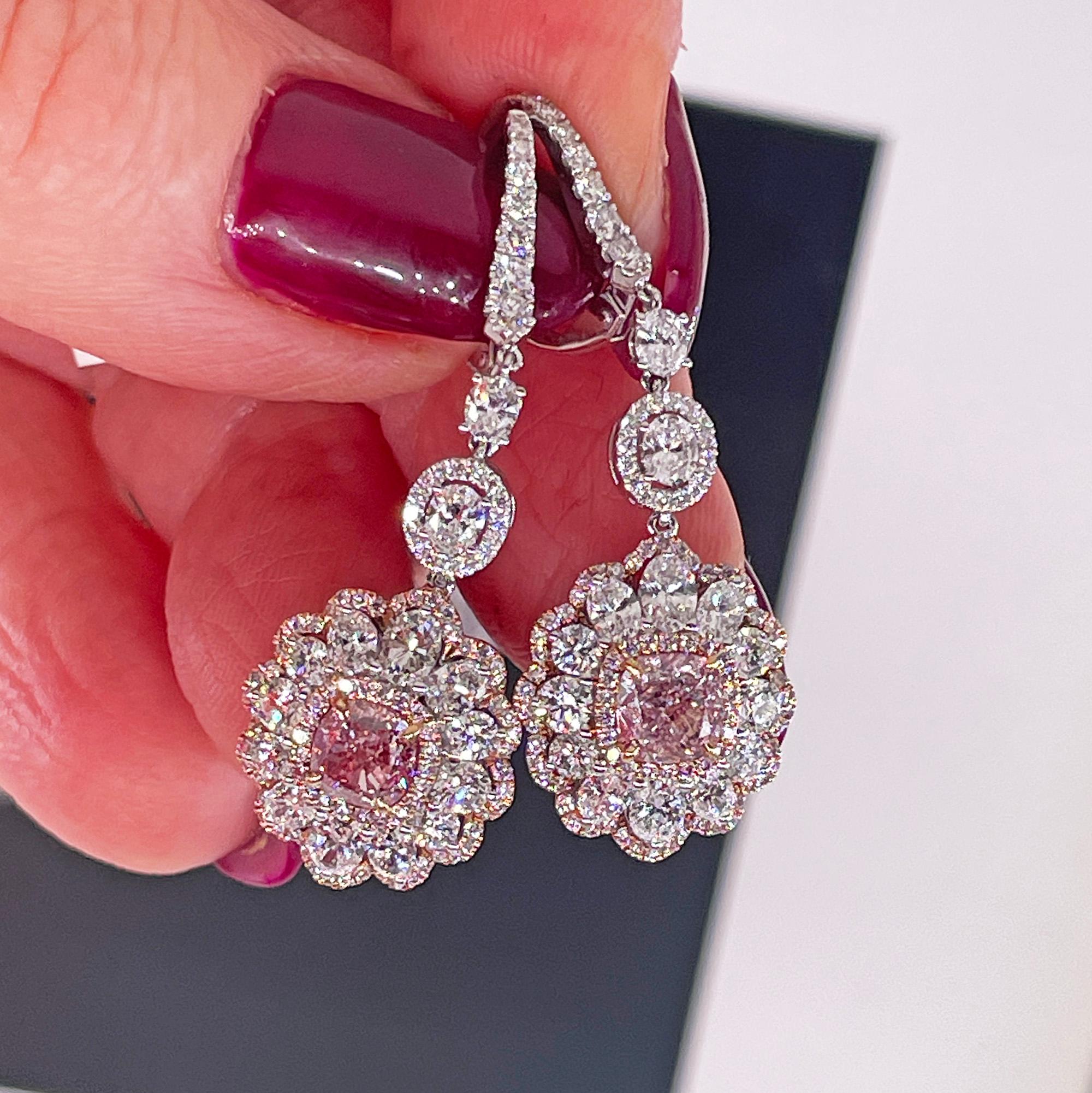 Natural PINK & White 5.15ct GIA Diamond Cluster Dangling Hanging 18K Earrings 11