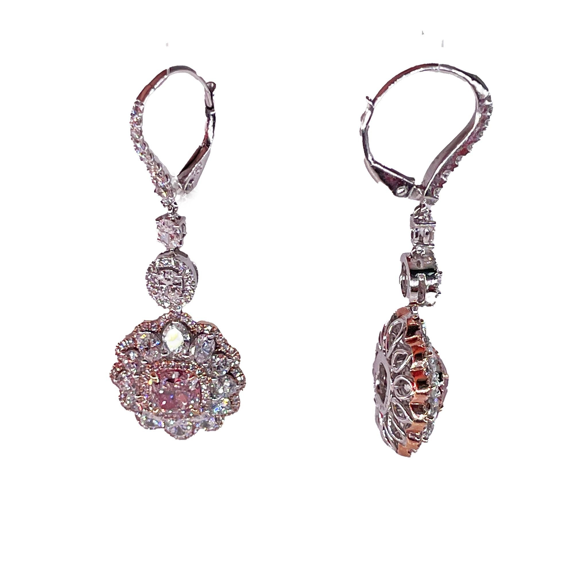 Natural PINK & White 5.15ct GIA Diamond Cluster Dangling Hanging 18K Earrings In Good Condition In New York, NY
