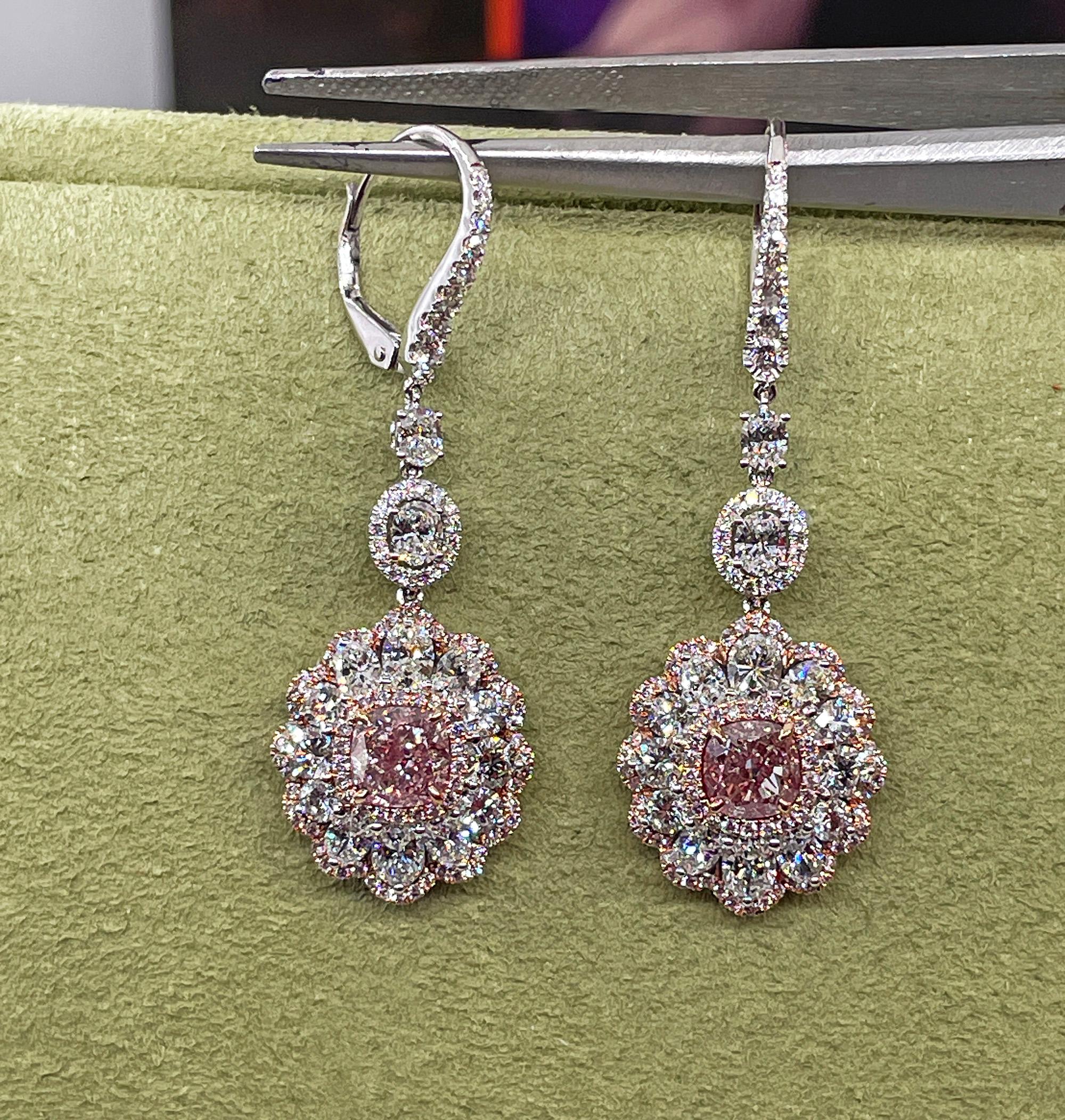 Natural PINK & White 5.15ct GIA Diamond Cluster Dangling Hanging 18K Earrings 4
