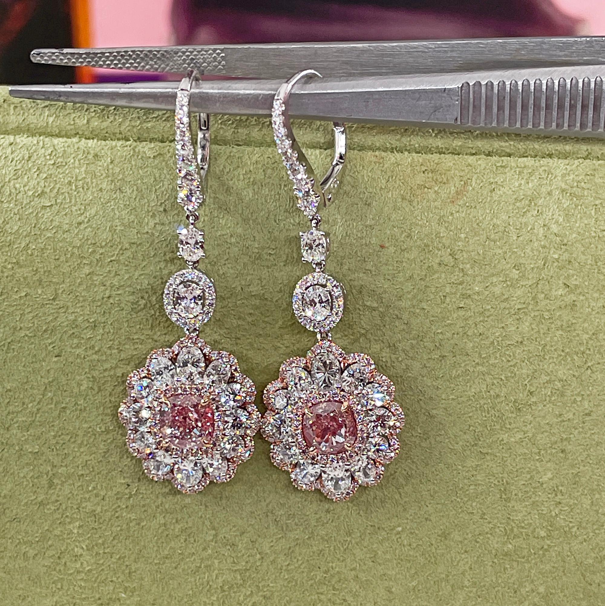 Natural PINK & White 5.15ct GIA Diamond Cluster Dangling Hanging 18K Earrings 5