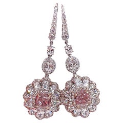 Nature PINK & White 5.15ct GIA Diamond Cluster Dangling Hanging Earrings 18K