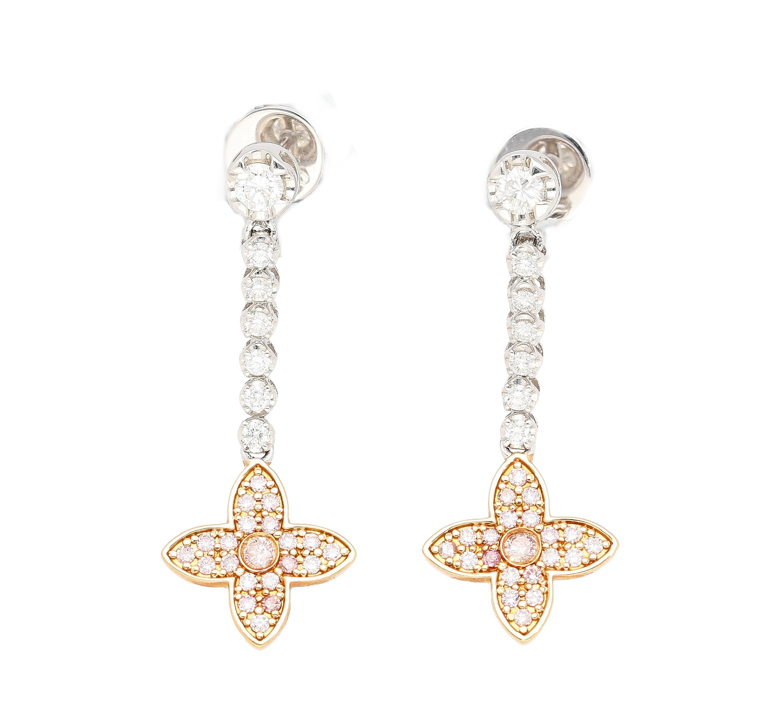 Moderne Boucles d'oreilles pendantes florales en or blanc et rose 18 carats avec diamants roses et blancs naturels en vente