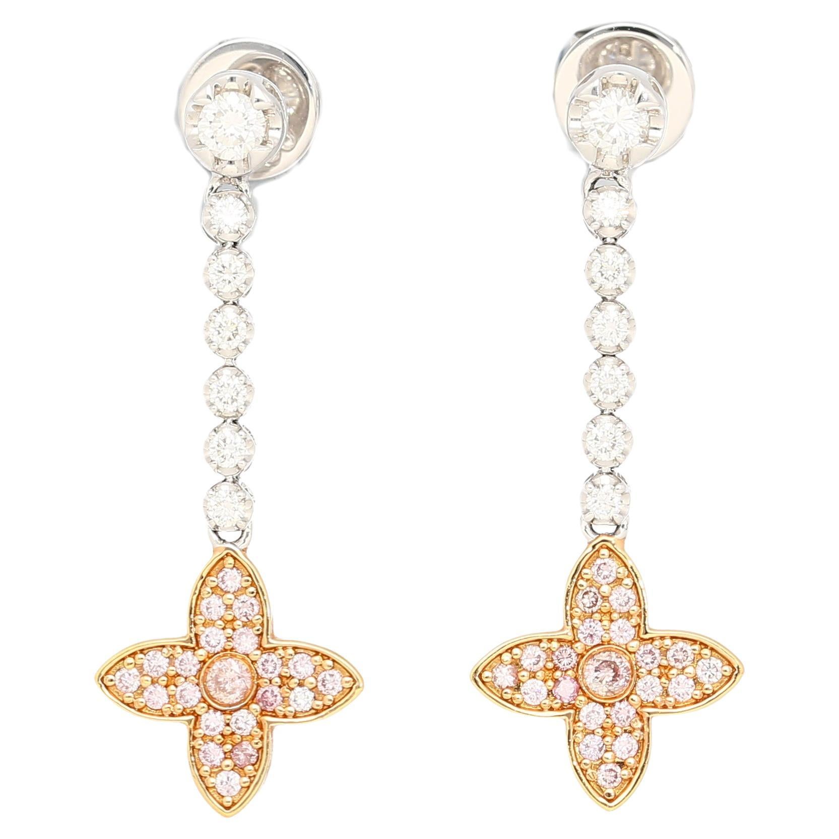 Boucles d'oreilles pendantes florales en or blanc et rose 18 carats avec diamants roses et blancs naturels en vente