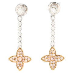 Boucles d'oreilles pendantes florales en or blanc et rose 18 carats avec diamants roses et blancs naturels