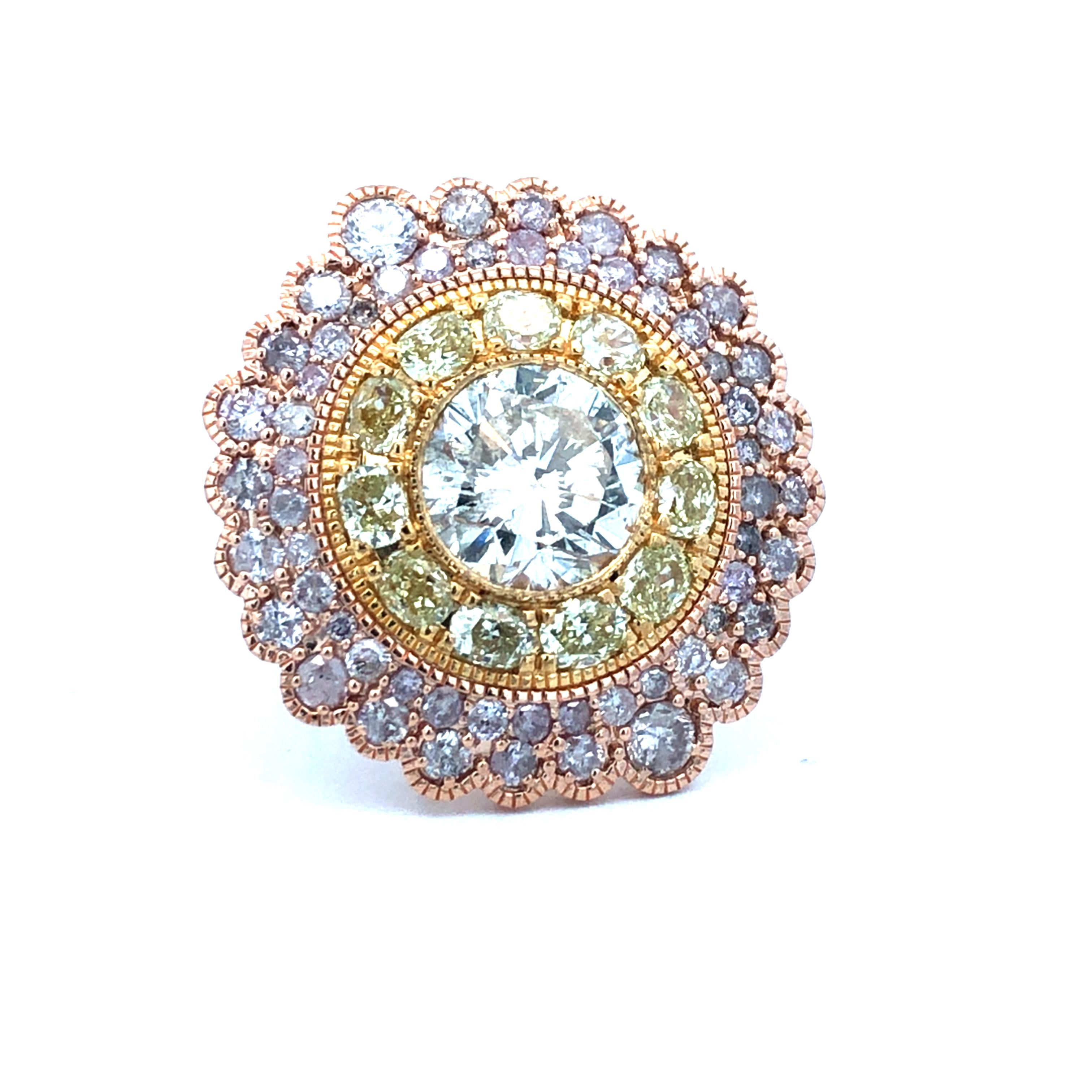 Brilliant Cut Natural Pink , yellow & white center Diamond Ring P2.16ct Y2.09ct D4.07ct 18k