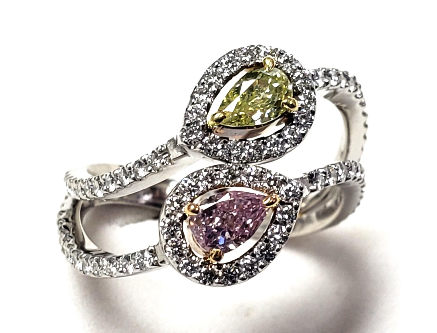 NATURAL Pink, Yellow & white diamond Cocktail Ring PT/18K s-7 For Sale 6