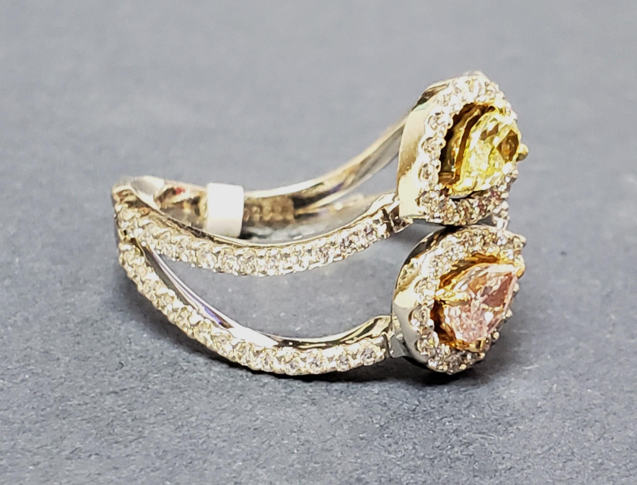 NATURAL Pink, Yellow & white diamond Cocktail Ring PT/18K s-7 For Sale 7