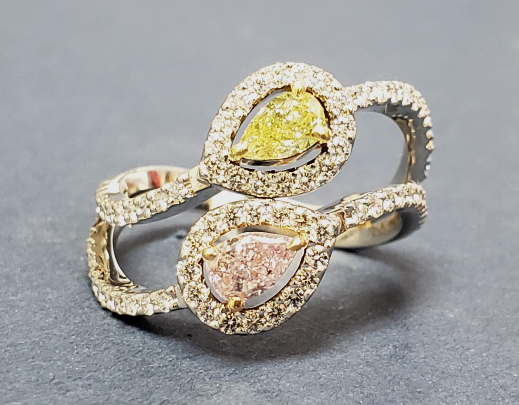 NATURAL Pink, Yellow & white diamond Cocktail Ring PT/18K s-7 For Sale 8