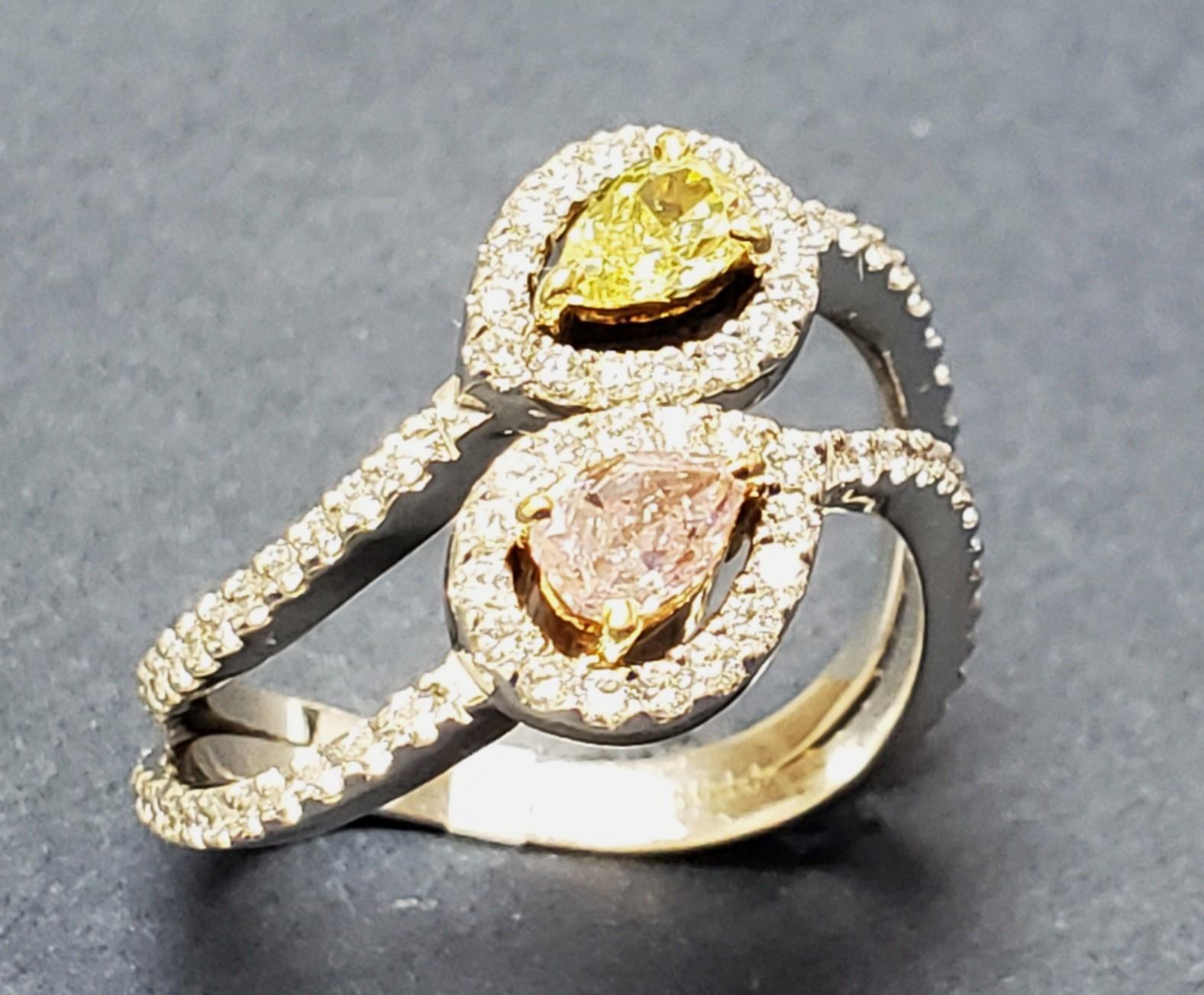 NATURAL Pink, Yellow & white diamond Cocktail Ring PT/18K s-7 For Sale 9