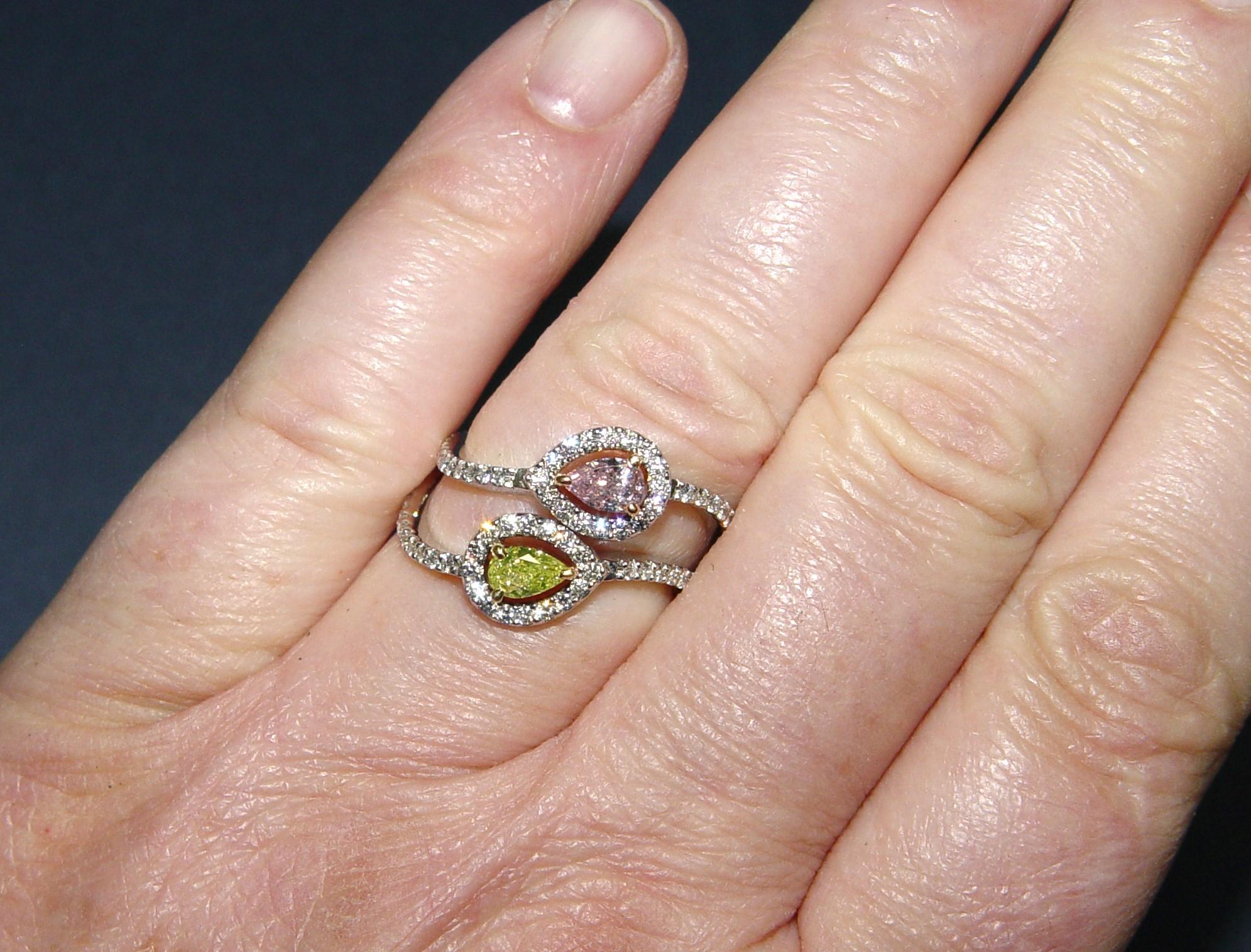 NATURAL Pink, Yellow & white diamond Cocktail Ring PT/18K s-7 For Sale 3