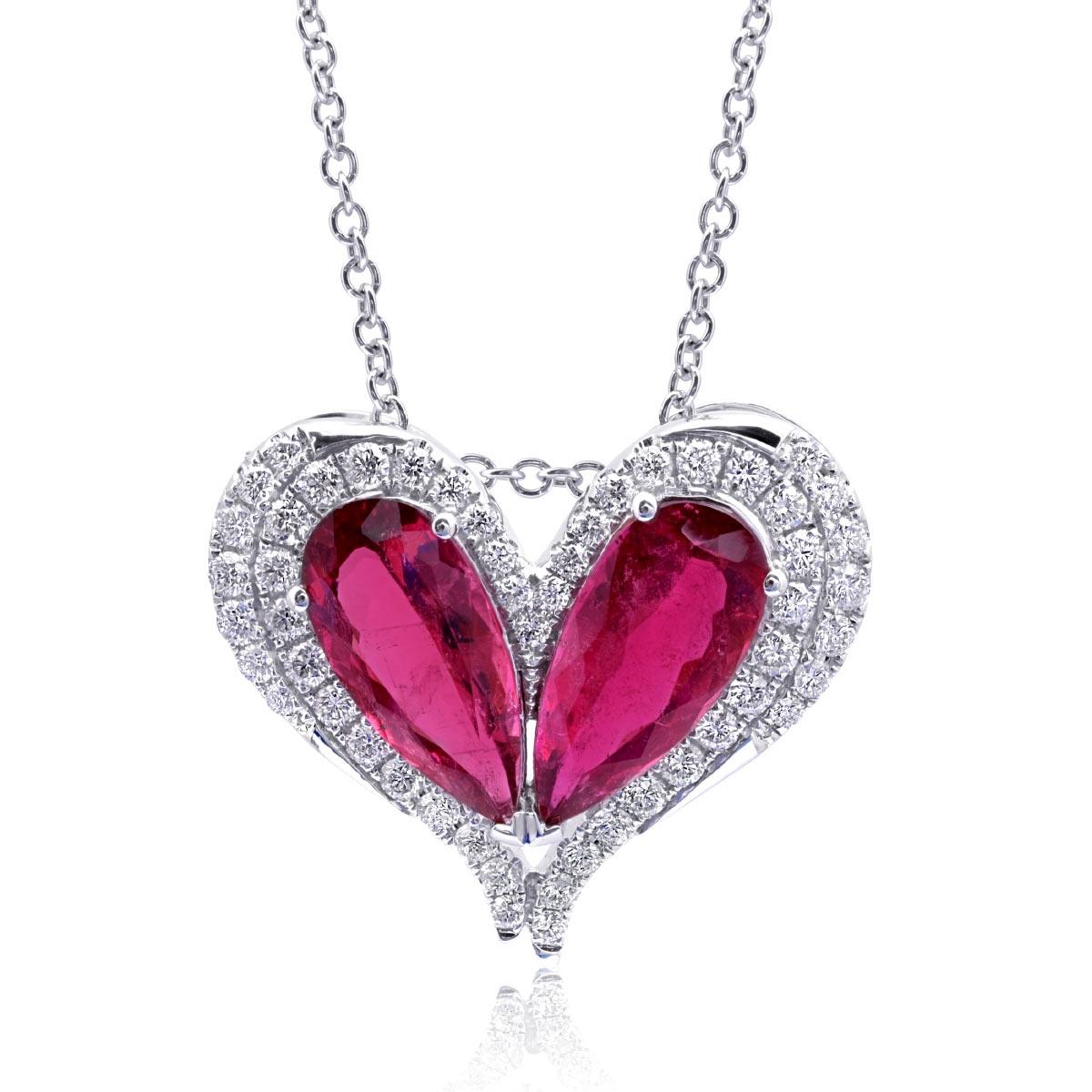 Discover the captivating elegance of natural rubellites with this stunning pendant, exquisitely set in 14K white gold. This exceptional piece, complemented by sparkling diamonds, showcases the finest craftsmanship and the captivating beauty of these