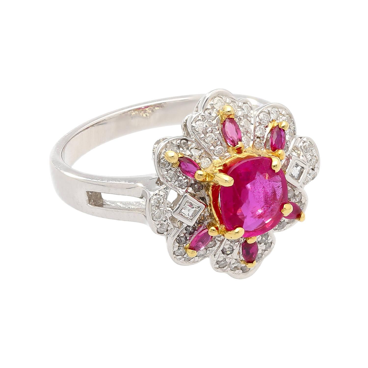 Artist Natural Pinkish Red Ruby & Diamond Floral Motif Ring in 14K White Gold For Sale