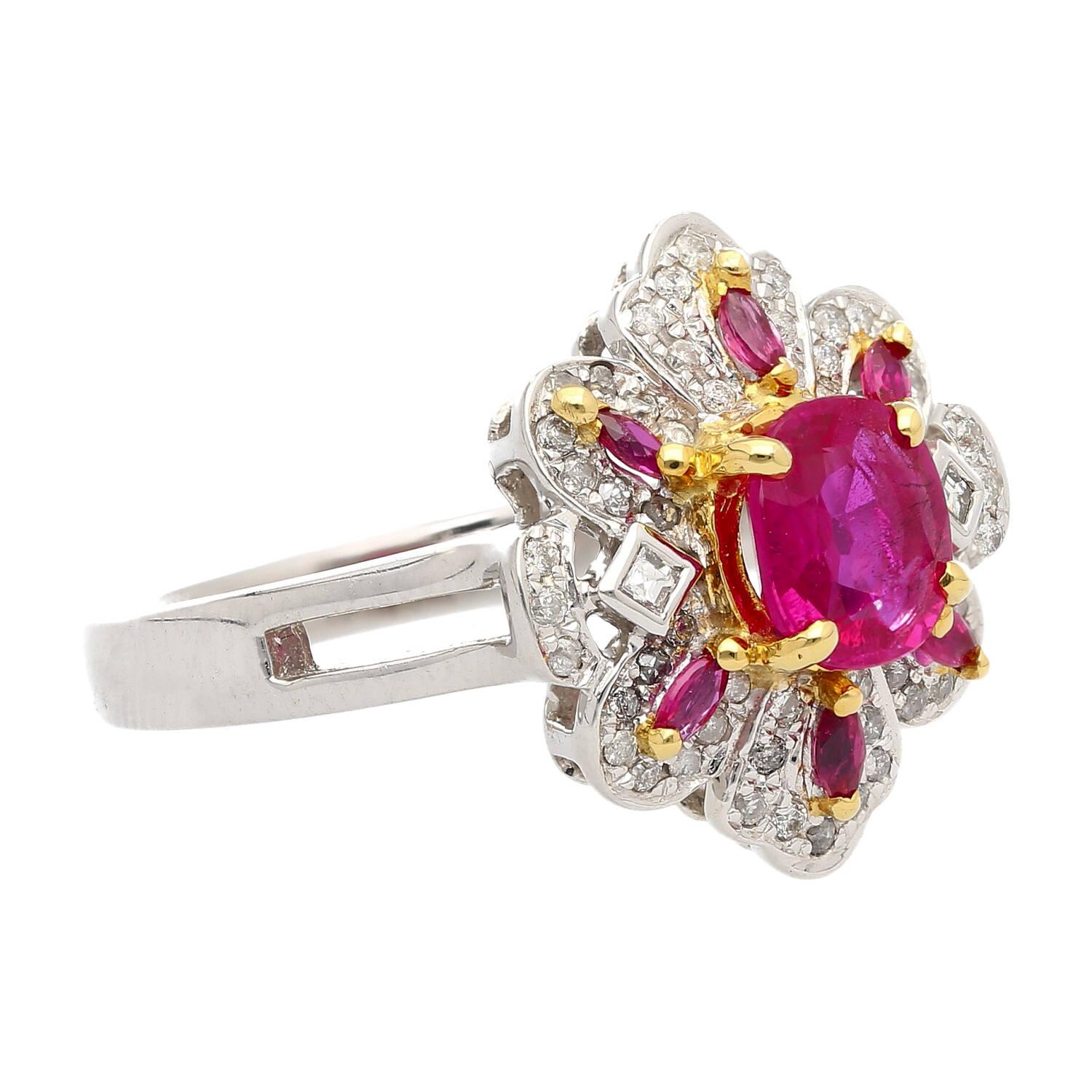 Round Cut Natural Pinkish Red Ruby & Diamond Floral Motif Ring in 14K White Gold For Sale