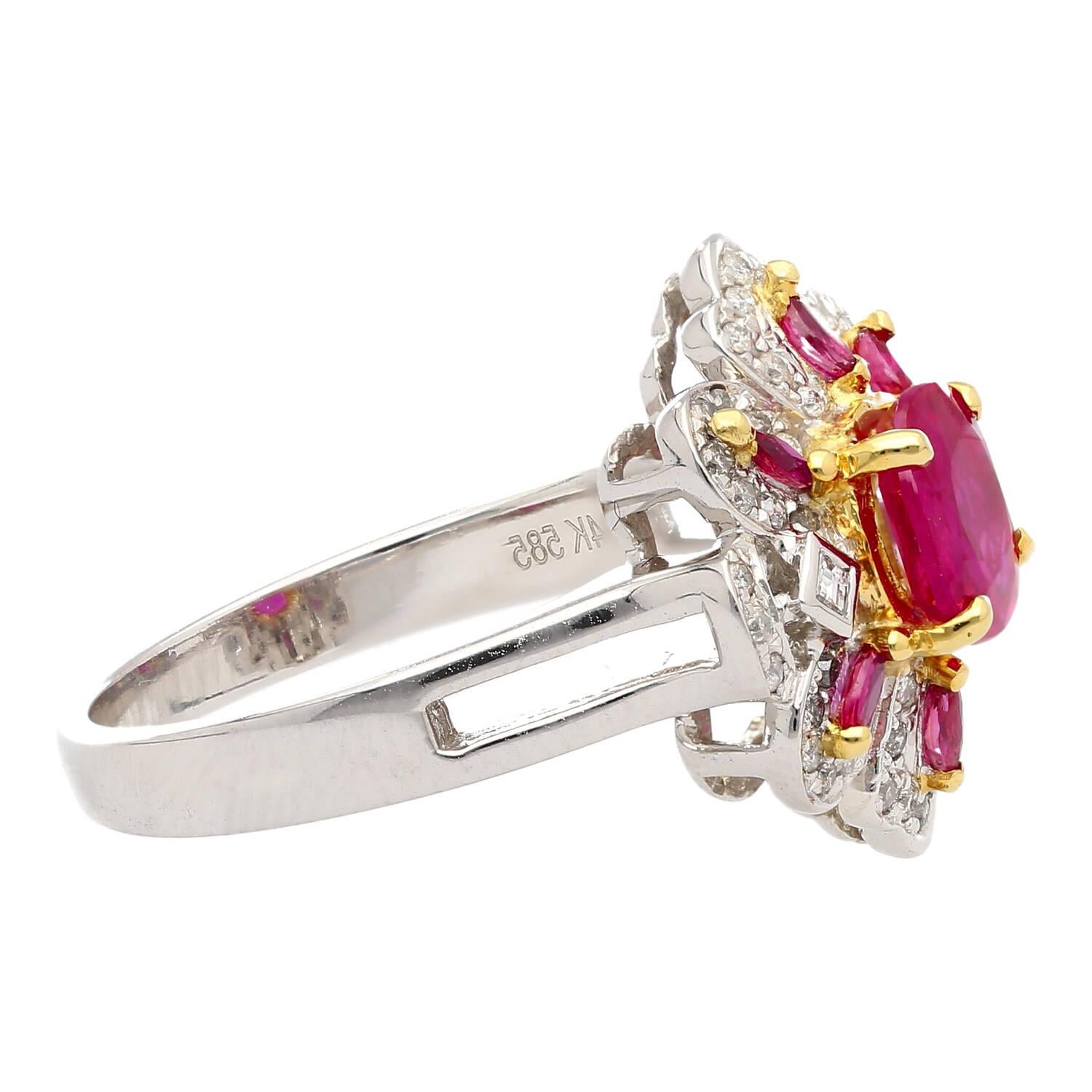 Women's Natural Pinkish Red Ruby & Diamond Floral Motif Ring in 14K White Gold For Sale