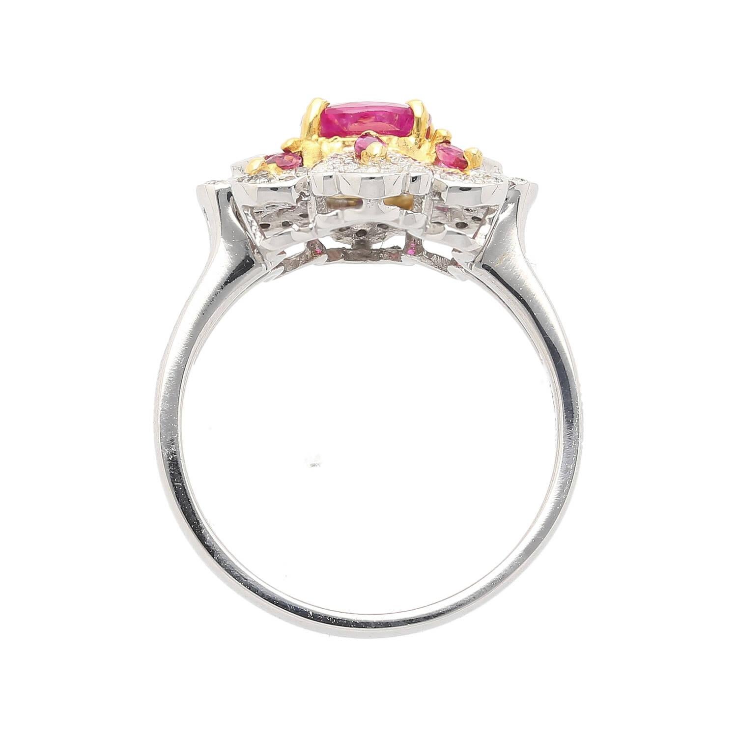 Natural Pinkish Red Ruby & Diamond Floral Motif Ring in 14K White Gold For Sale 1