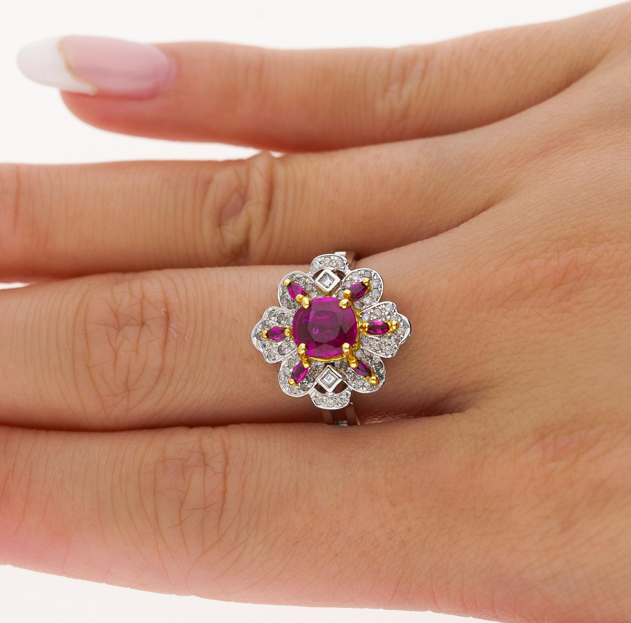 Natural Pinkish Red Ruby & Diamond Floral Motif Ring in 14K White Gold For Sale 2