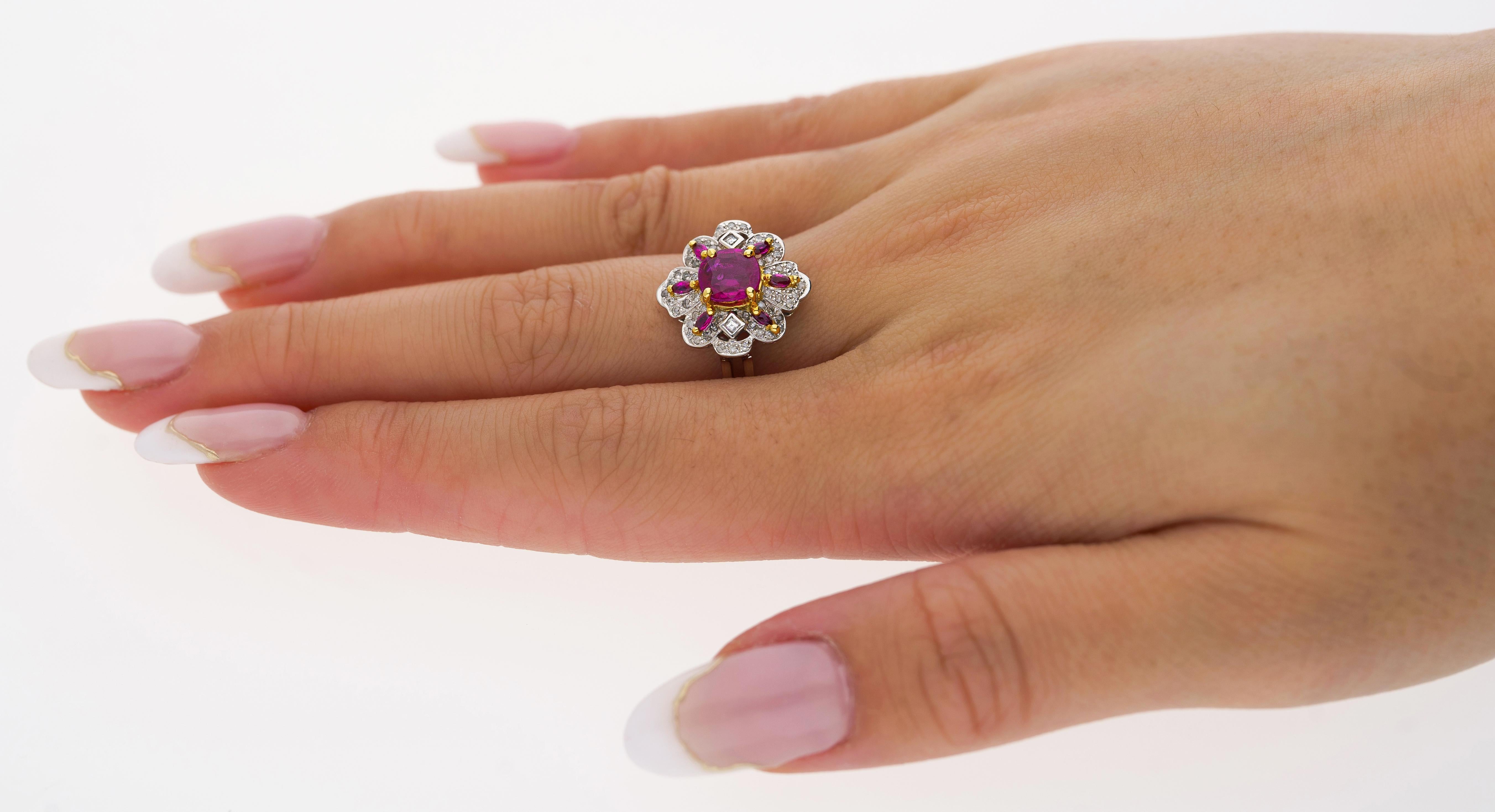 Natural Pinkish Red Ruby & Diamond Floral Motif Ring in 14K White Gold For Sale 3