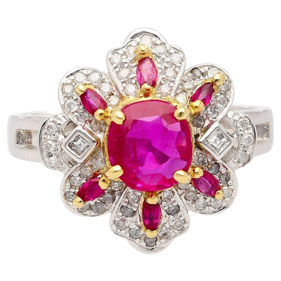 Natural Pinkish Red Ruby & Diamond Floral Motif Ring in 14K White Gold For Sale