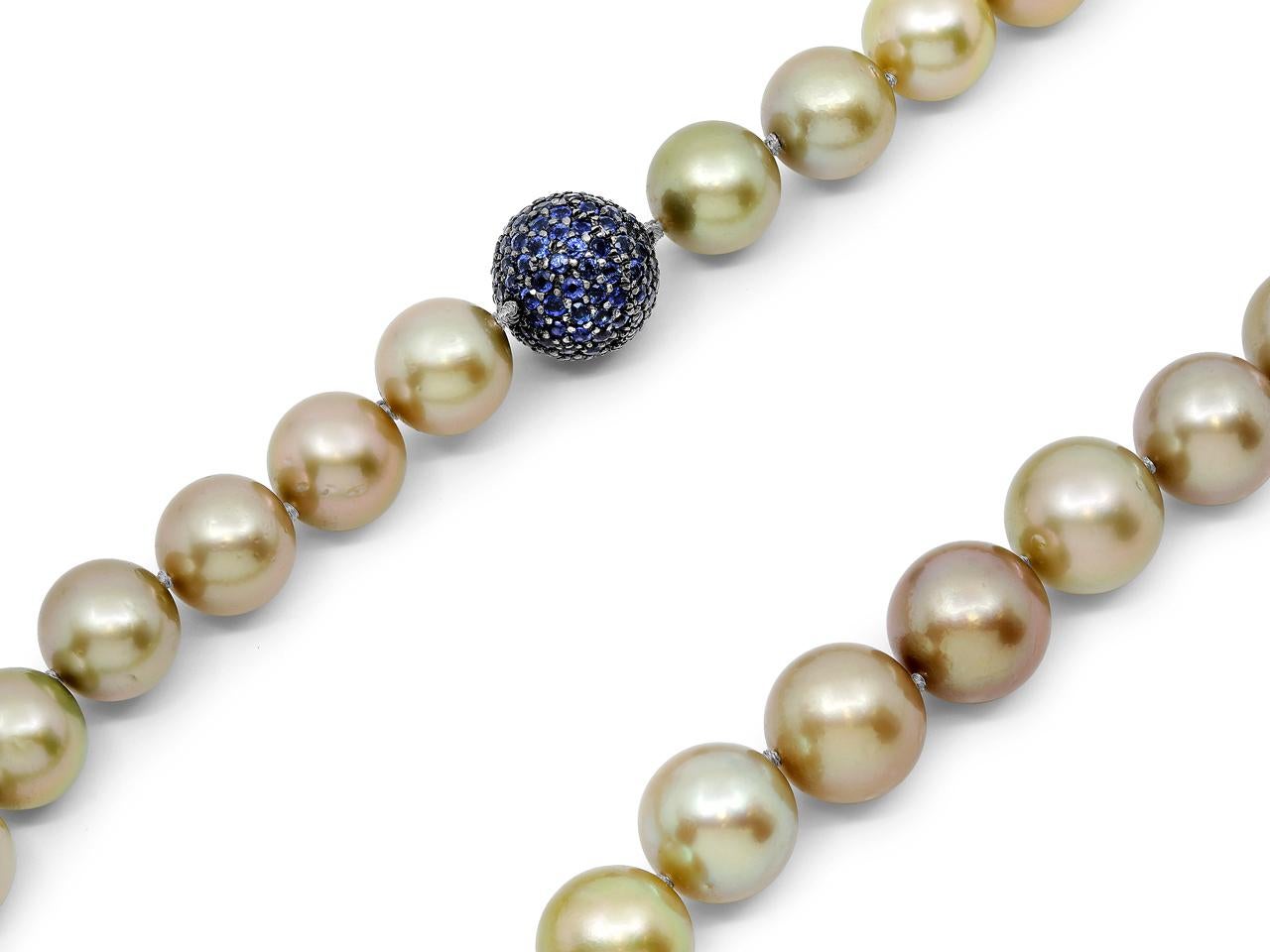 Bead Natural Pistachio South Sea Pearl Necklace with Sapphire Pavé Clasp in 18K Gold For Sale