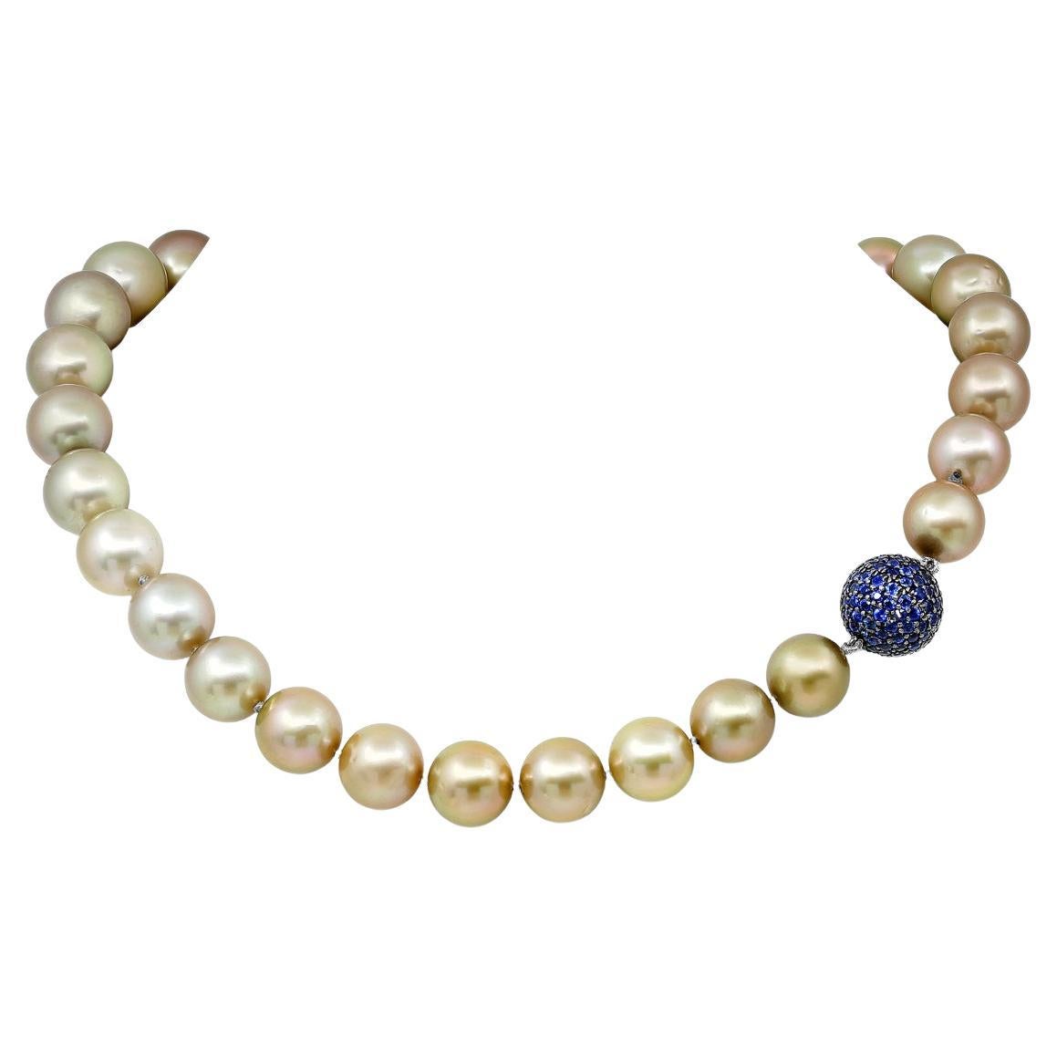 Natural Pistachio South Sea Pearl Necklace with Sapphire Pavé Clasp in 18K Gold For Sale
