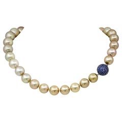 Natural Pistachio South Sea Pearl Necklace with Sapphire Pavé Clasp in 18K Gold