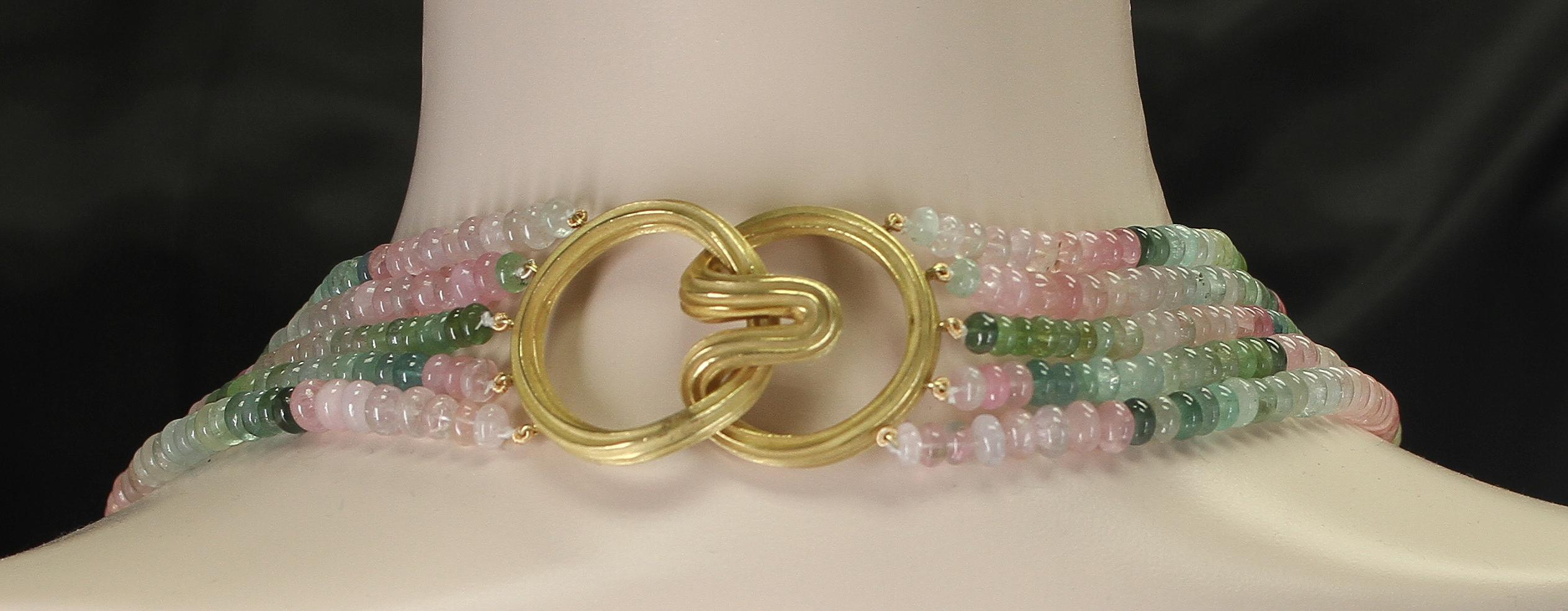 Natural Plain Multi-Tourmaline Bead Necklace, Clasp by Christopher Walling In New Condition For Sale In New York, NY