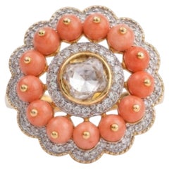 Natural Polki, Coral, & Diamond Ring in 18k Gold