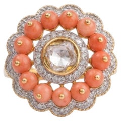 Natural Polki, Coral, & Diamond Ring in 18k Gold