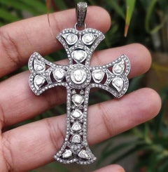 Natural polki diamond cross pendant 925 sterling silver