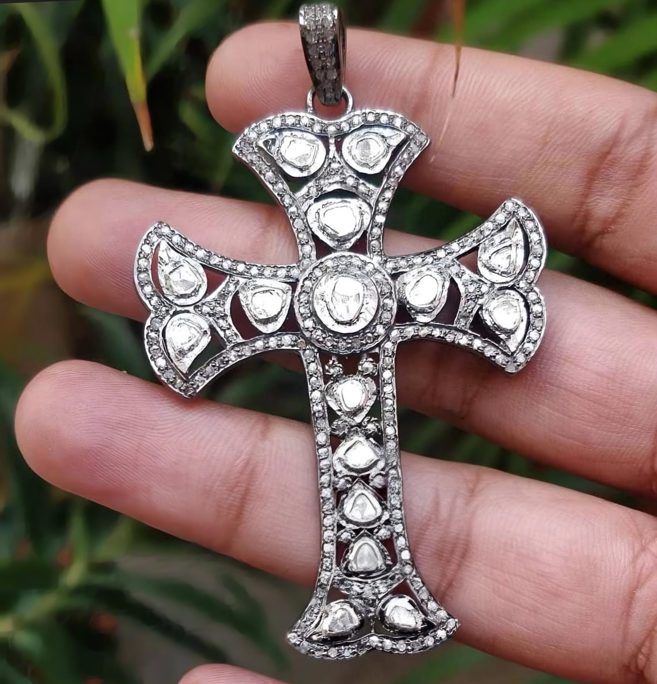 Art Deco Natural polki diamond cross pendant 925 sterling silver For Sale