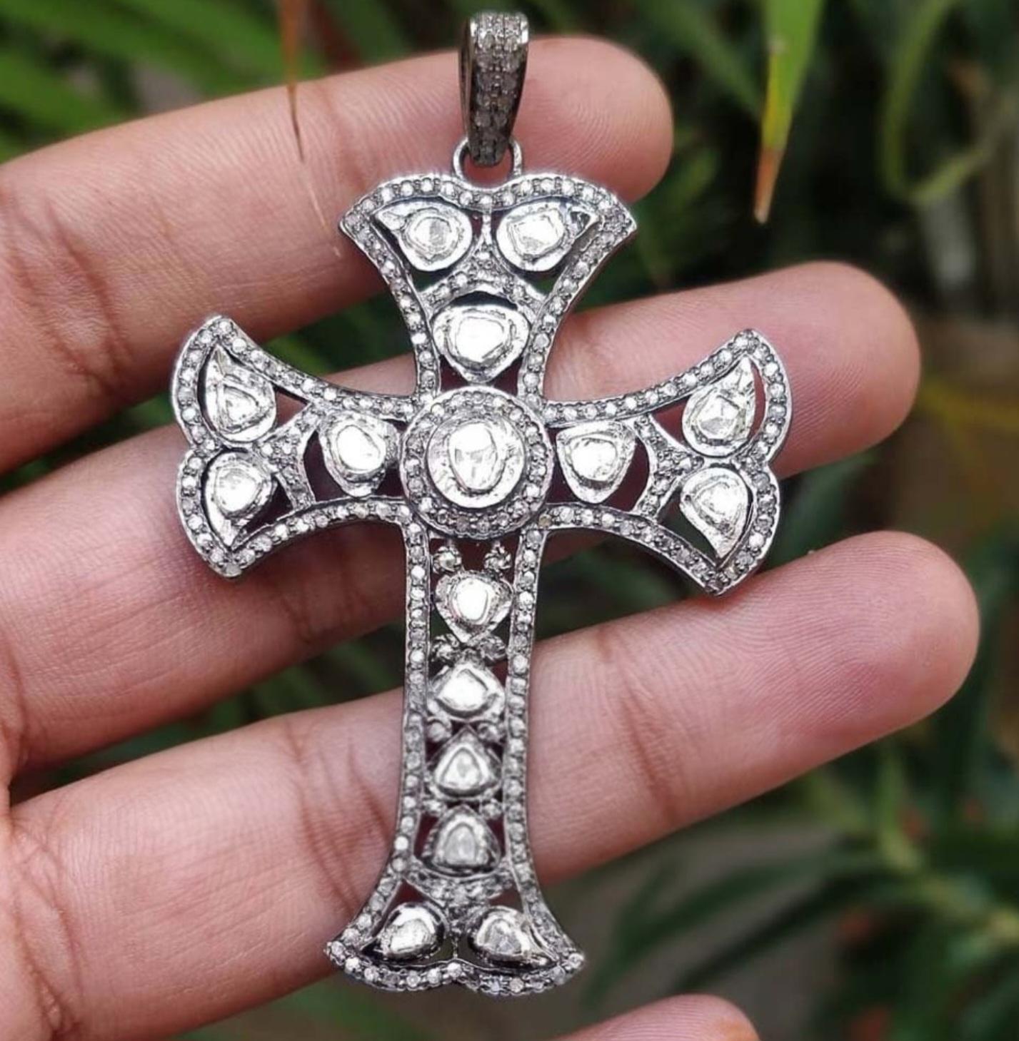 Natural polki diamond cross pendant 925 sterling silver For Sale 1
