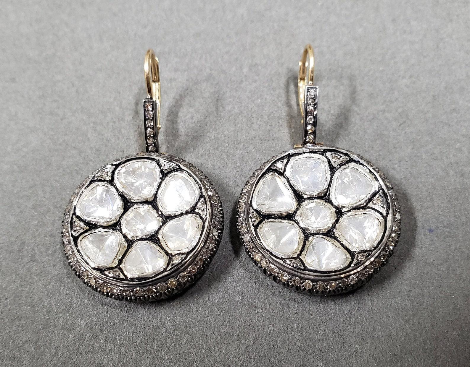 Donna Orecchini di diamanti Nature Polki in argento 925 Antico 1 paio di orecchini Regalo. in vendita