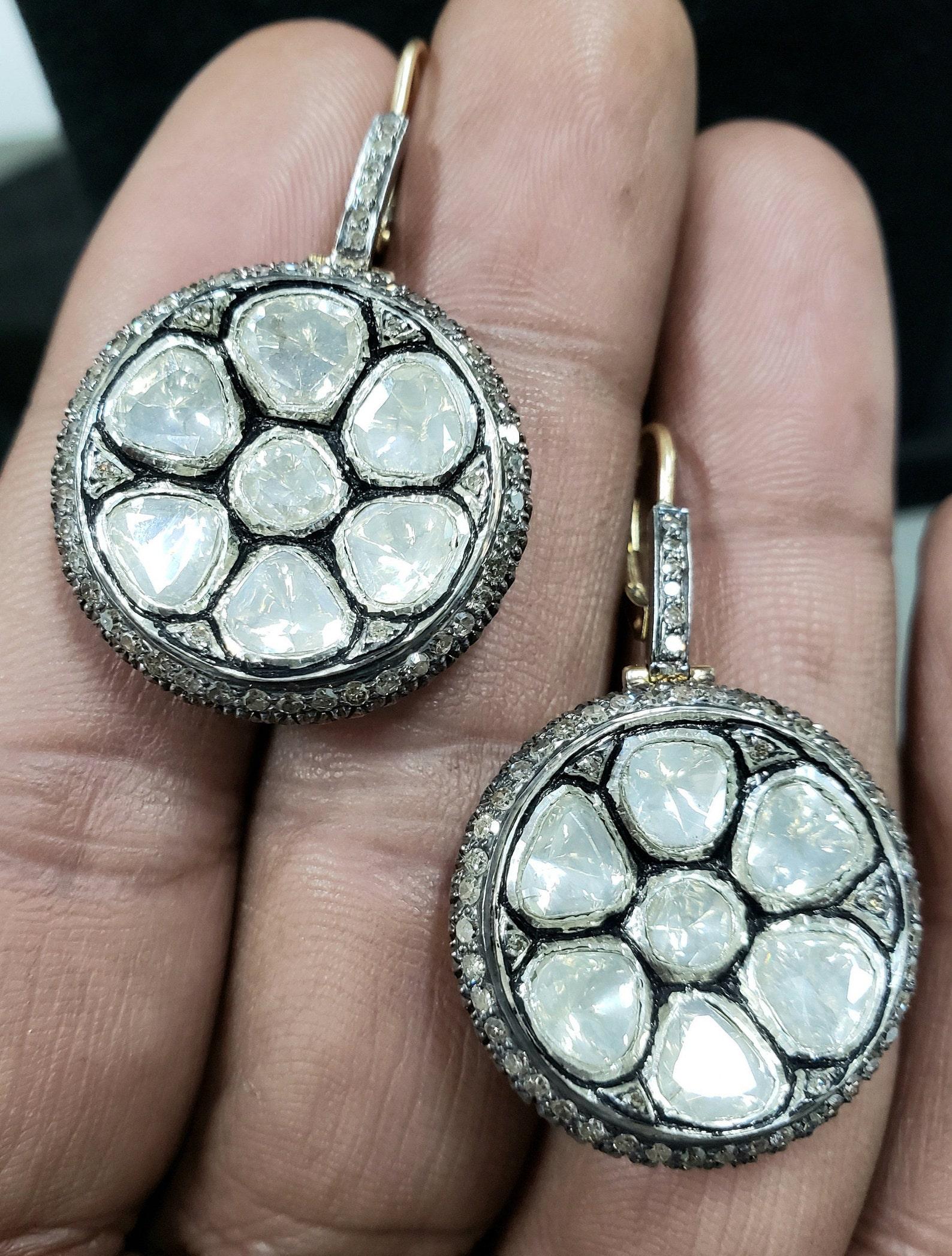 Orecchini di diamanti Nature Polki in argento 925 Antico 1 paio di orecchini Regalo. in vendita 1