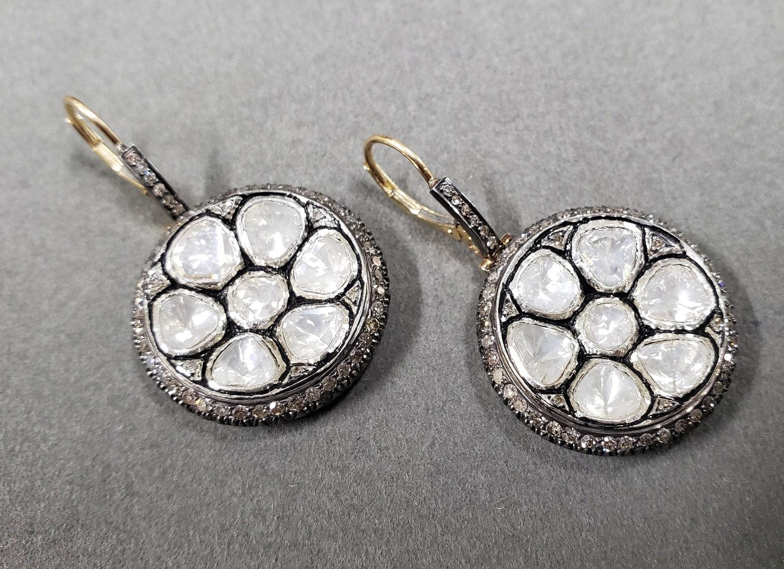Orecchini di diamanti Nature Polki in argento 925 Antico 1 paio di orecchini Regalo. in vendita 2