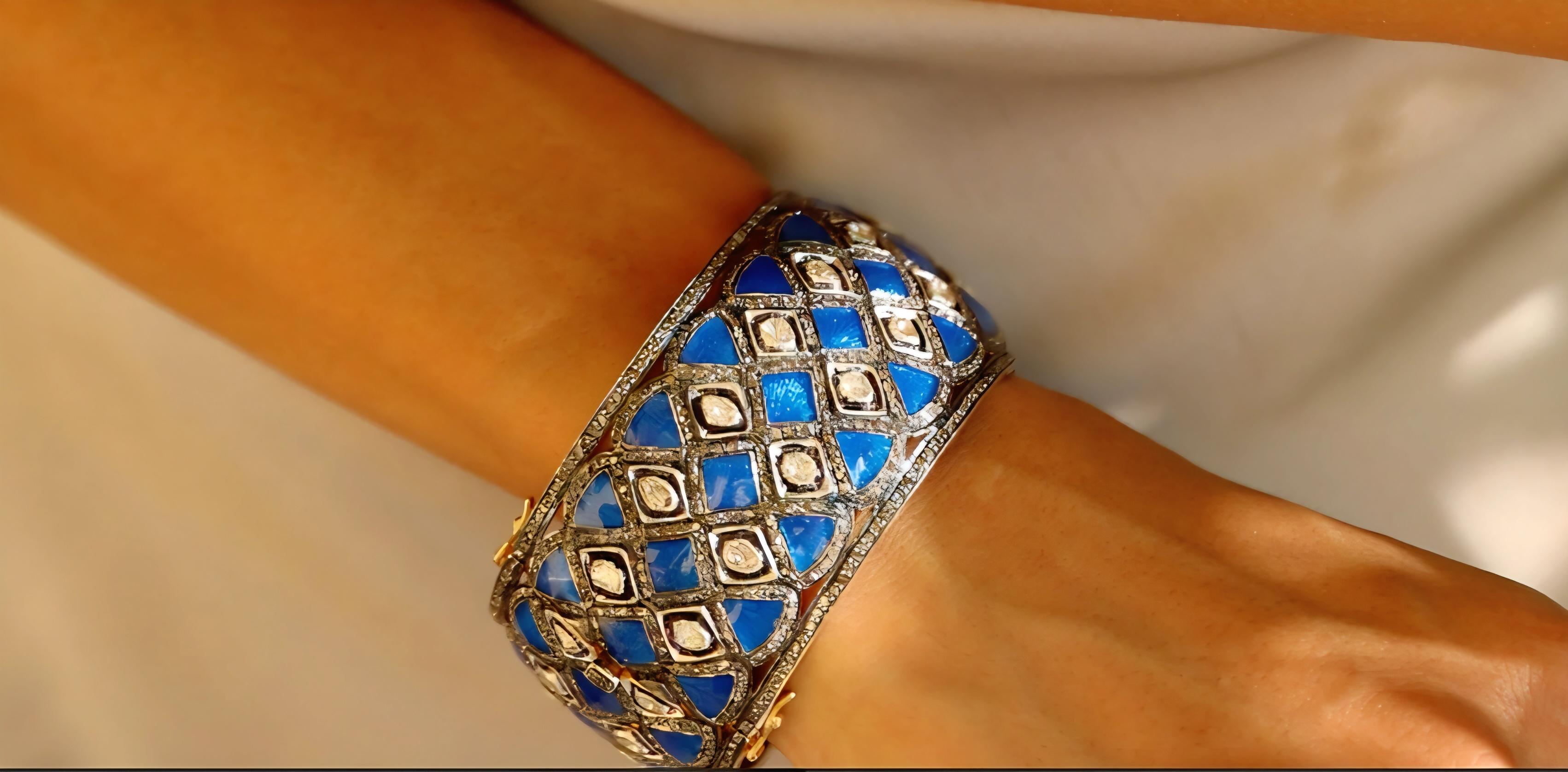 Natürliche Polki Diamant Emaille Hadmade Vintage Armband 925 Sterling Silber (Art déco) im Angebot