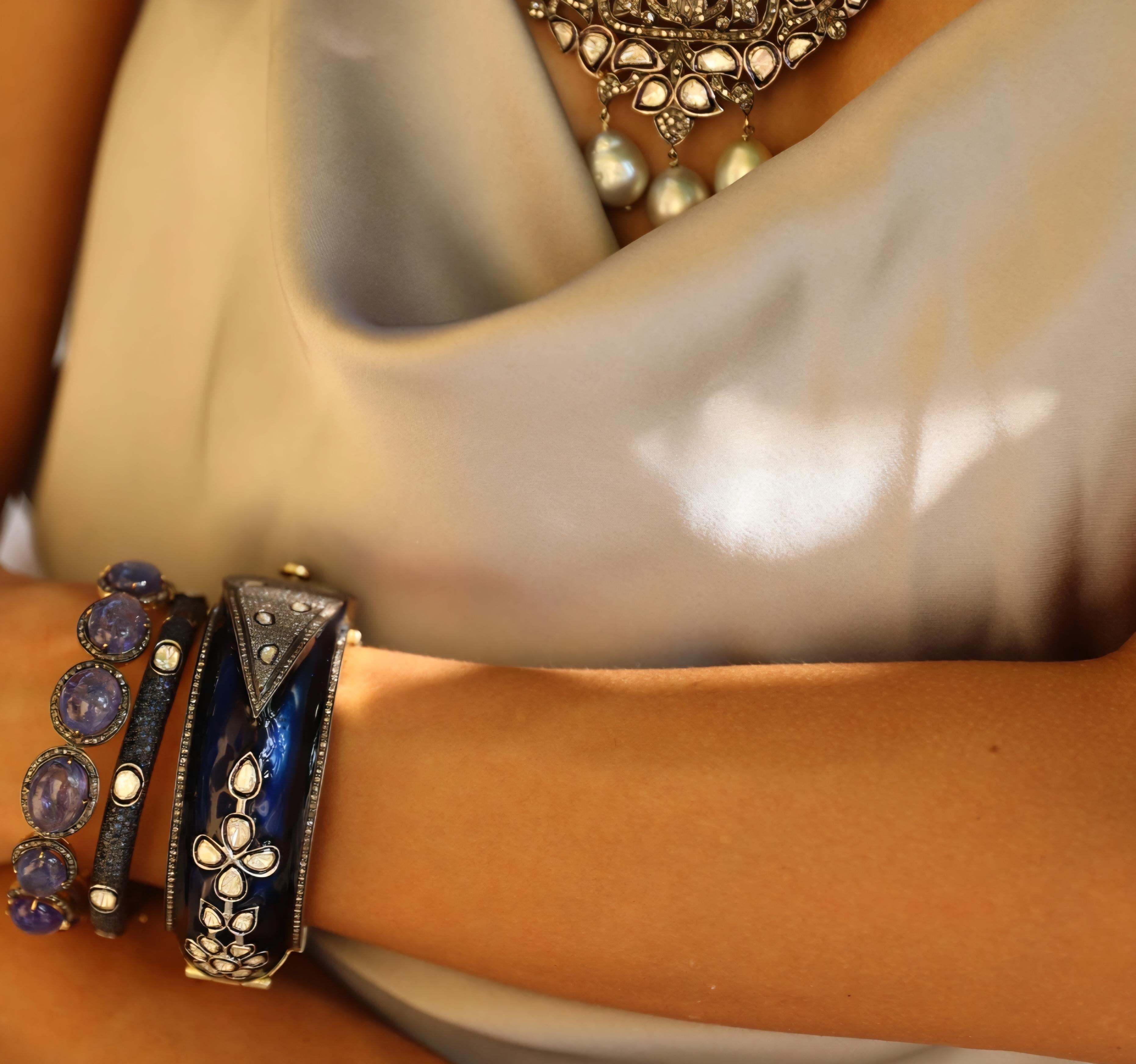 Natürliche Polki Diamant Emaille Hadmade Vintage Armband 925 Sterling Silber (Alteuropäischer Brillantschliff) im Angebot