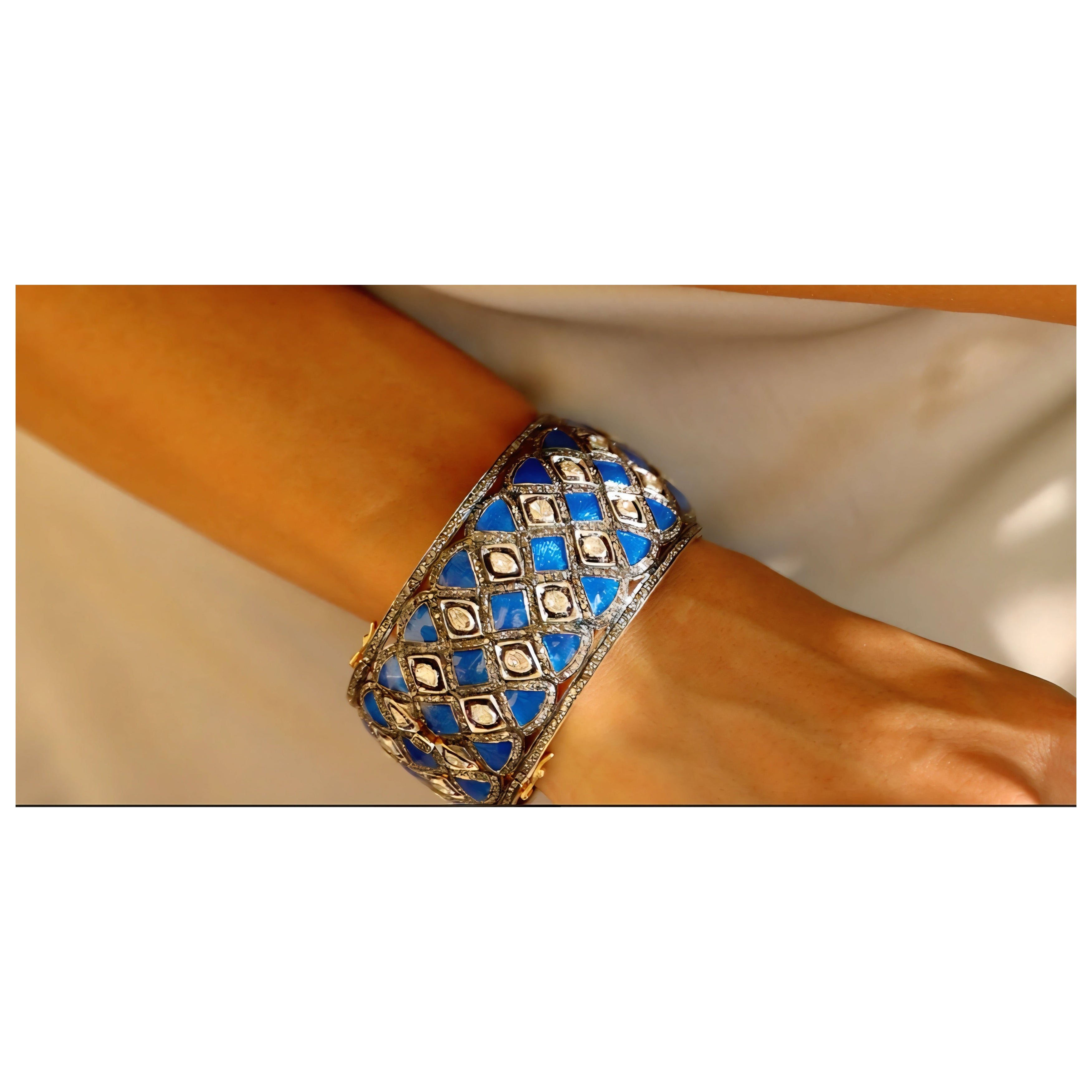 Natürliche Polki Diamant Emaille Hadmade Vintage Armband 925 Sterling Silber im Angebot